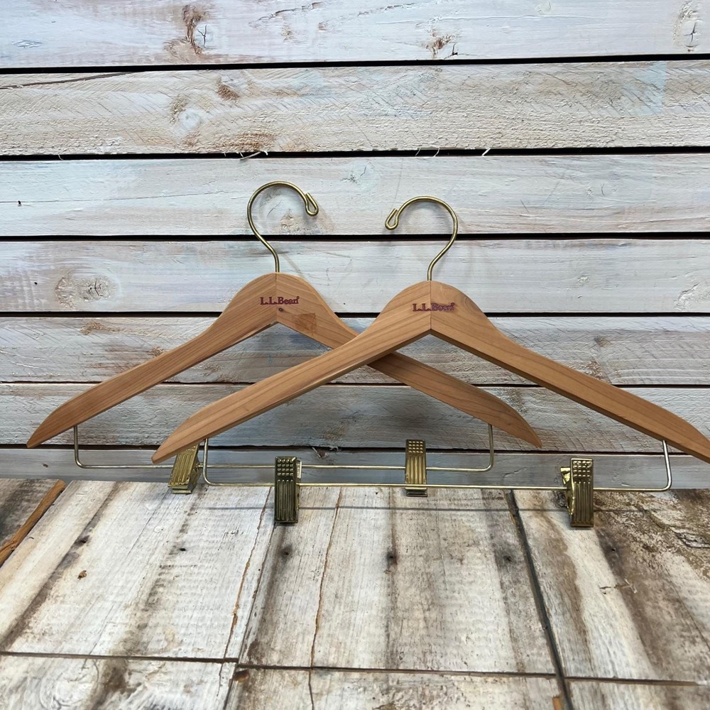 L.L. Bean Brown‎ Cedar Wood Suit Hangers Brass Clips Vintage Set of 2 OS